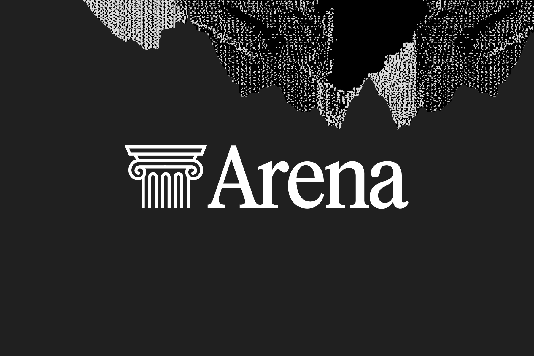 Arena logo below a dithered grey and black rock terrain